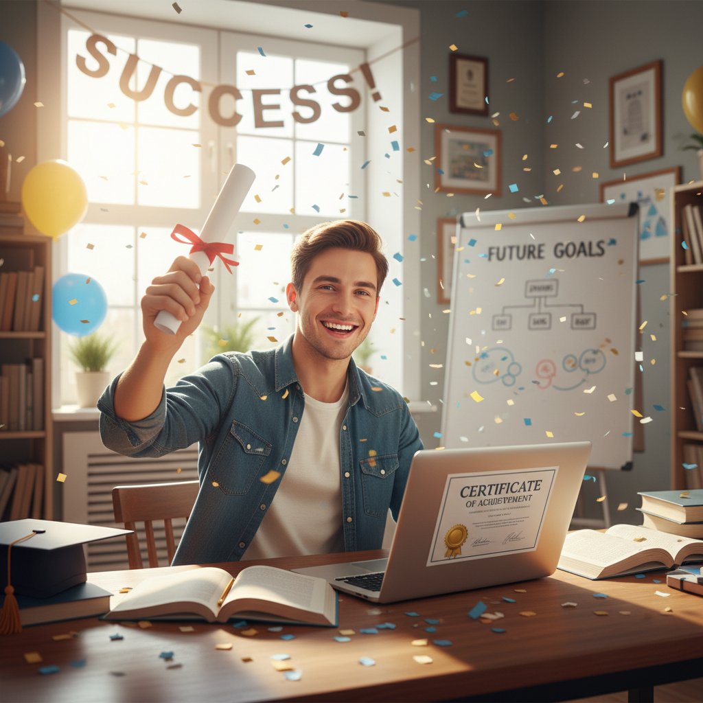 Uśmiechnięty uczeń przed komputerem, notatki, certyfikat torfl, atmosfera sukcesu