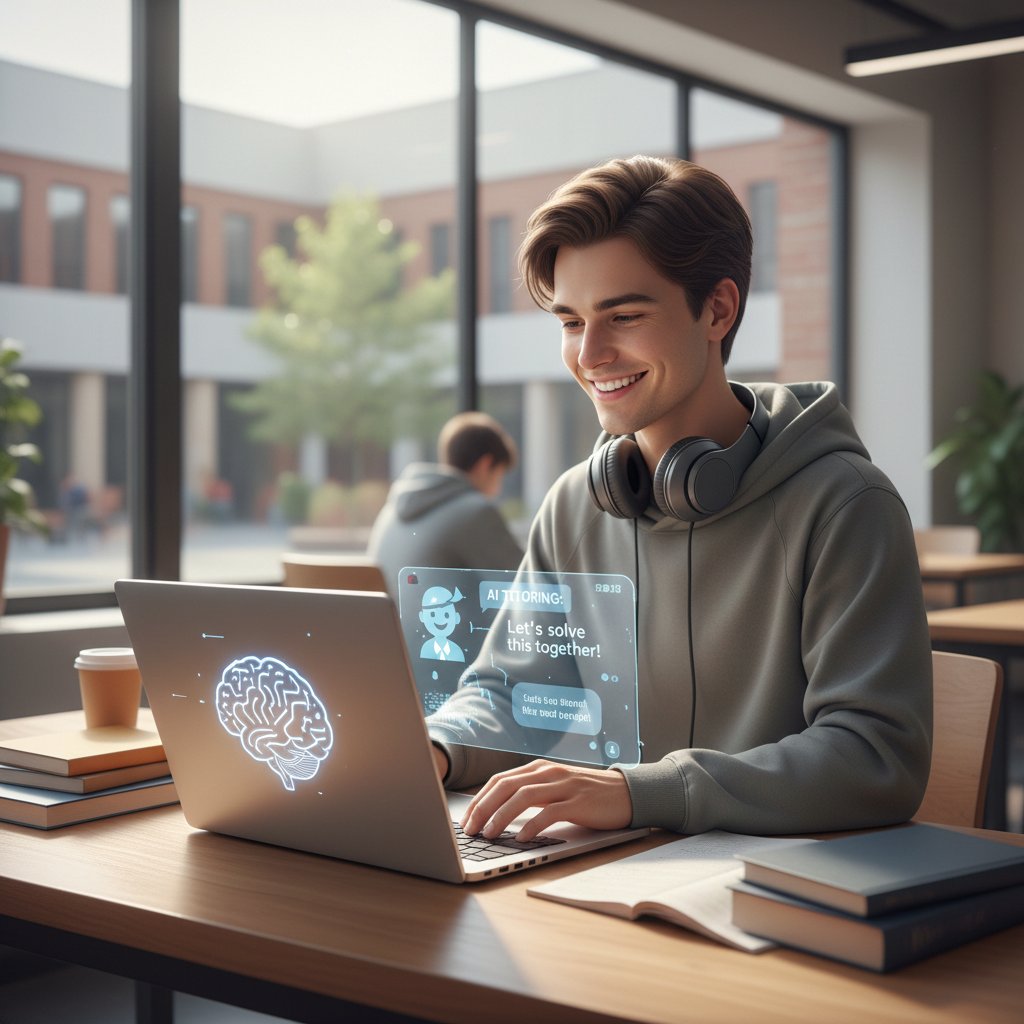 Uczennica uśmiechnięta przed laptopem, symbolizująca wzrost pewności siebie dzięki korepetycjom AI