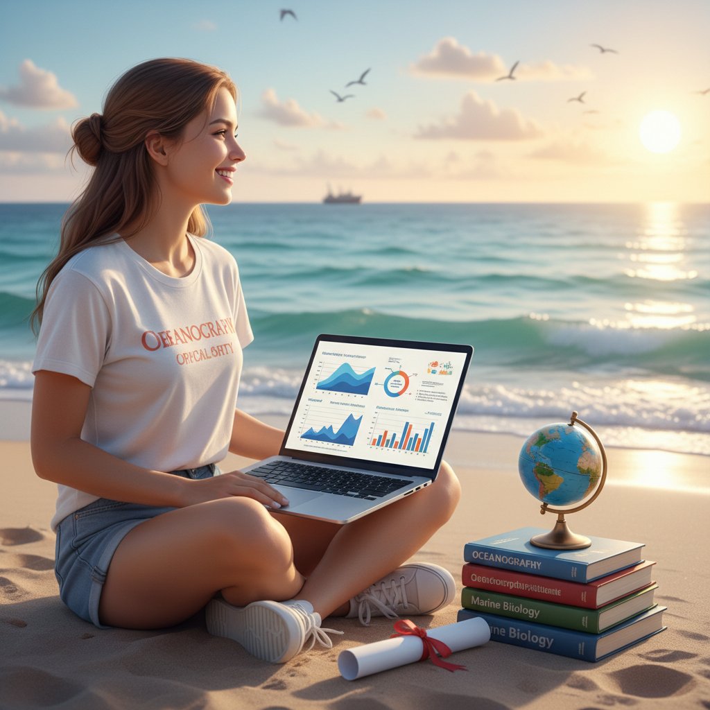 Zadowolony uczeń z laptopem, oceanografia, symbol sukcesu edukacji online