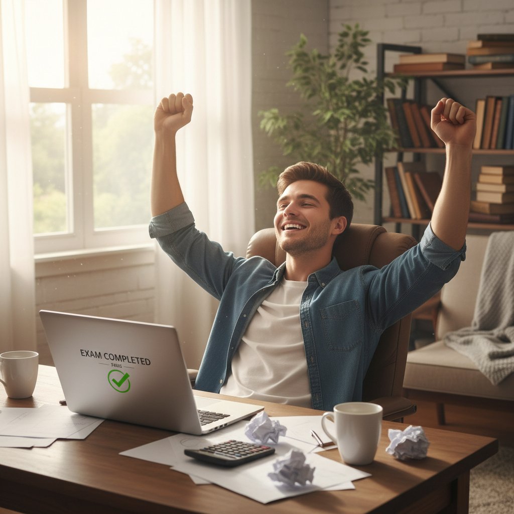 Zadowolona uczennica po udanej maturze z matematyki, laptop, notatki, atmosfera ulgi, domowe wnętrze