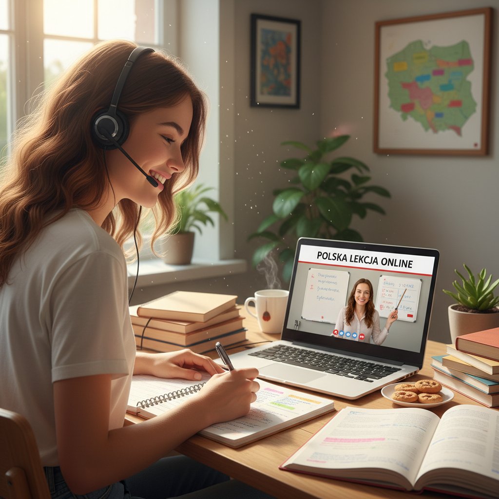 Szczęśliwa uczennica z notatkami po lekcji online – sukces w nauce polskiego przez internet
