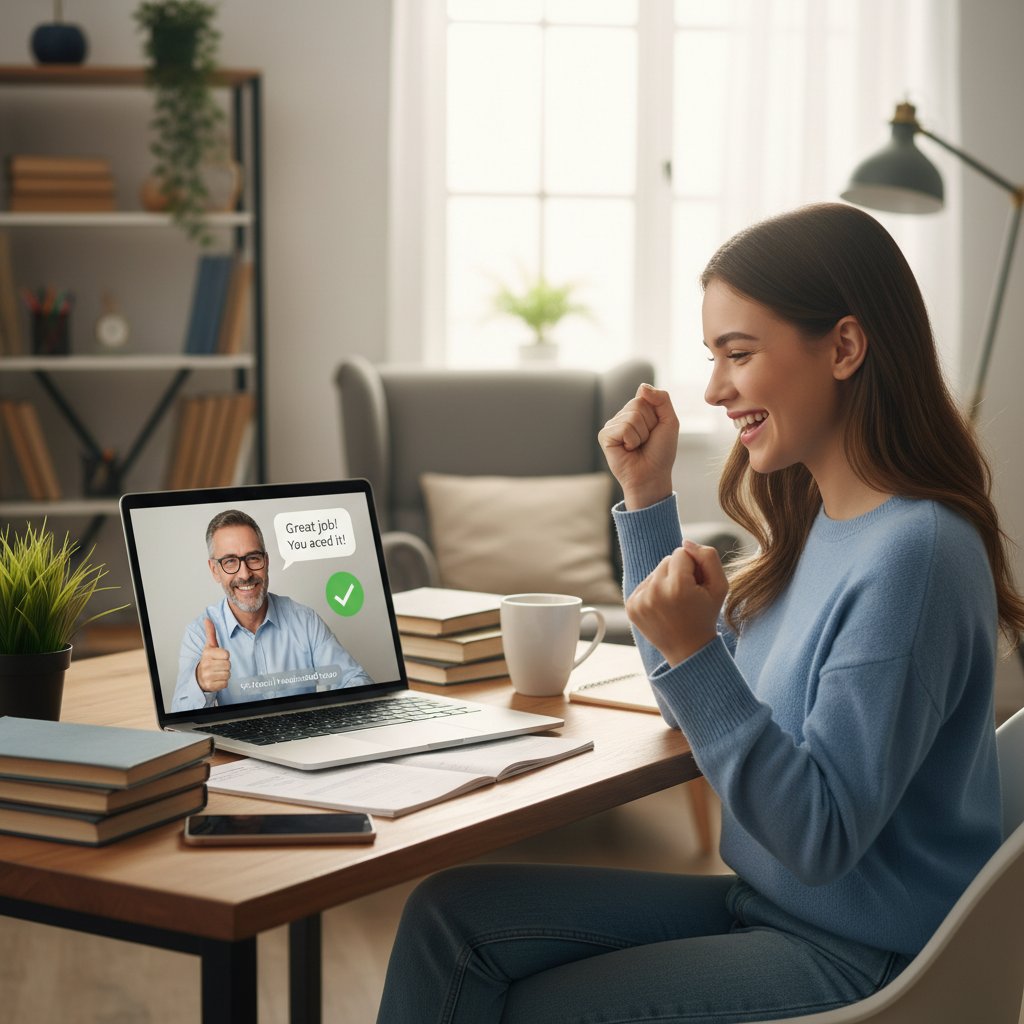 Zadowolony uczeń przed laptopem po udanym wyborze korepetytora online, atmosfera sukcesu