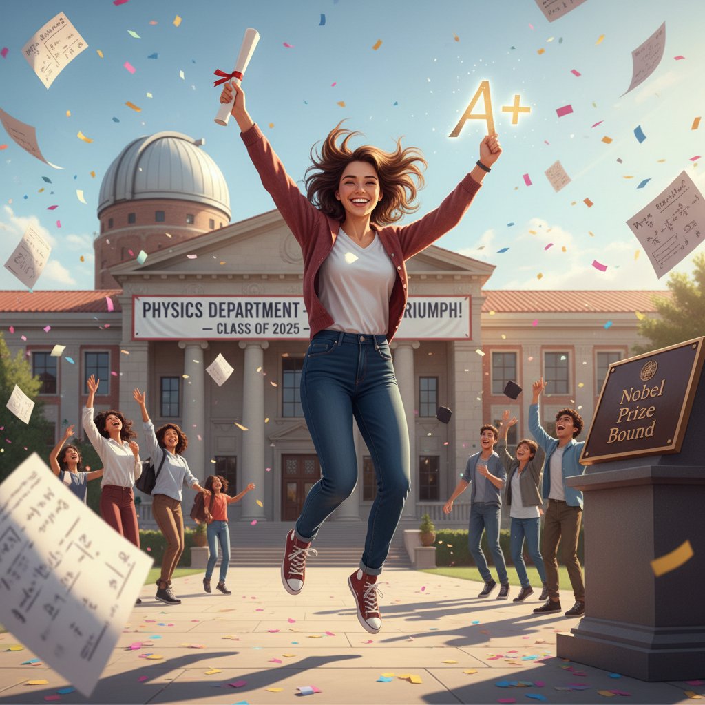 Młody człowiek zadowolony po rozwiązaniu trudnego zadania z fizyki, uśmiech na twarzy