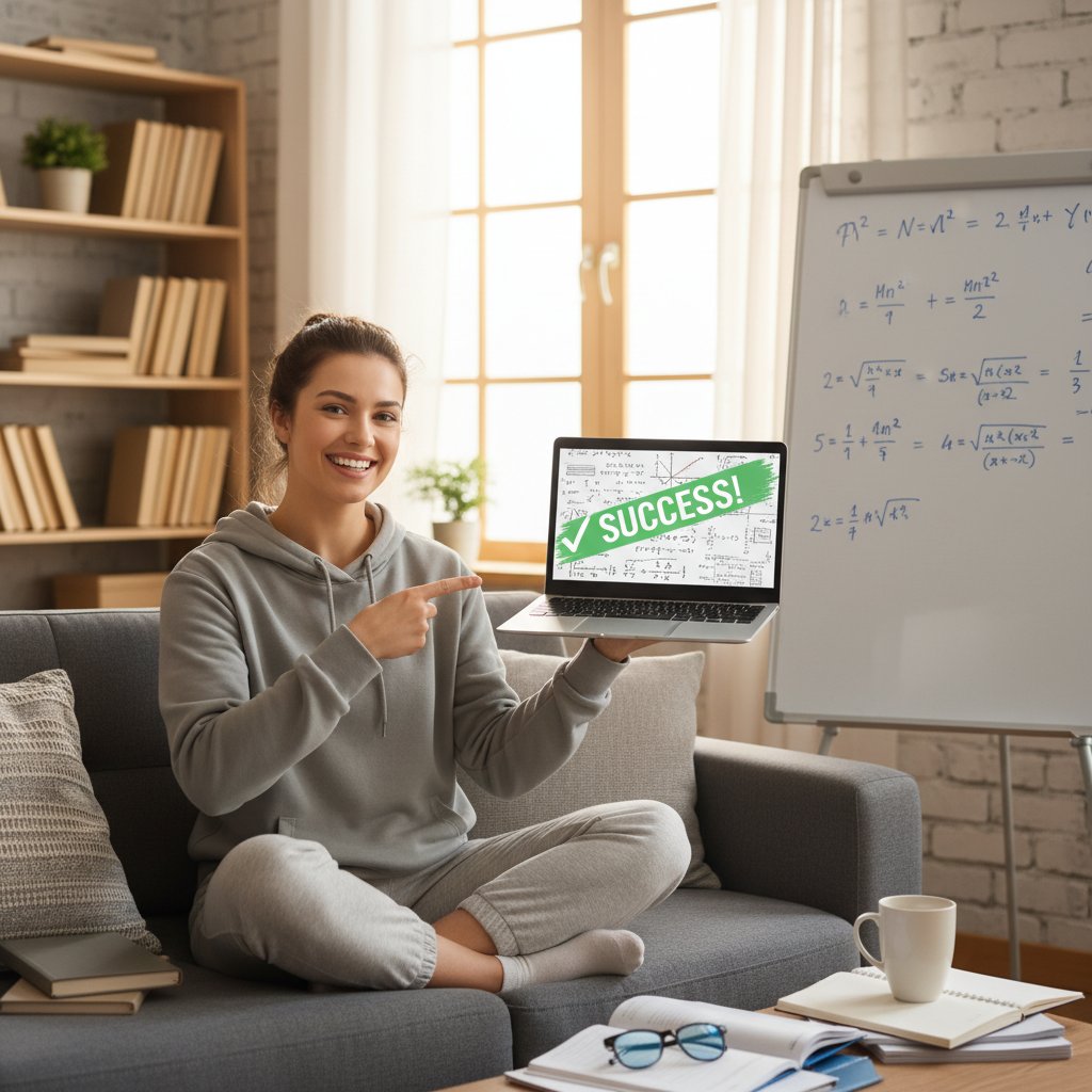 Młody człowiek świętujący sukces po zdanej maturze dzięki nauce matematyki online, uśmiech, laptop