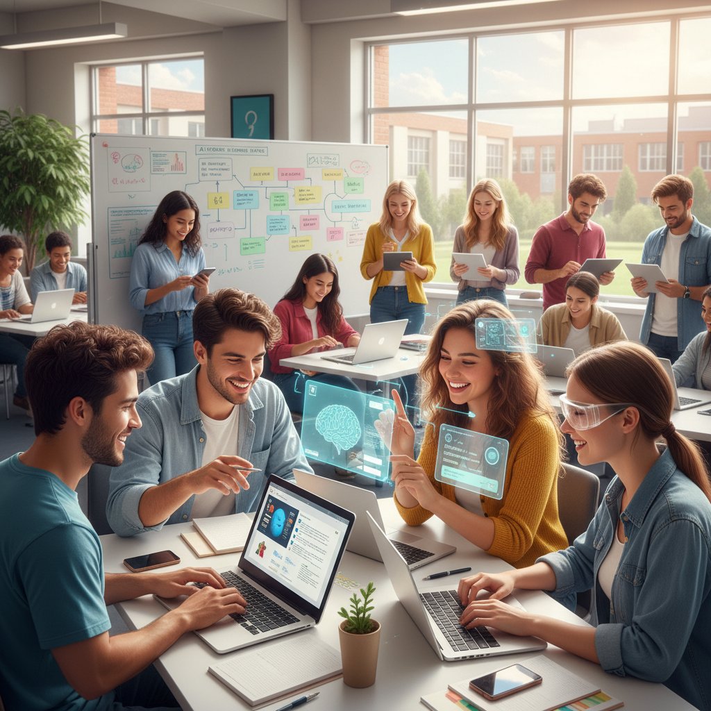 Zadowolona grupa uczniów korzystająca z nowoczesnych narzędzi AI podczas lekcji