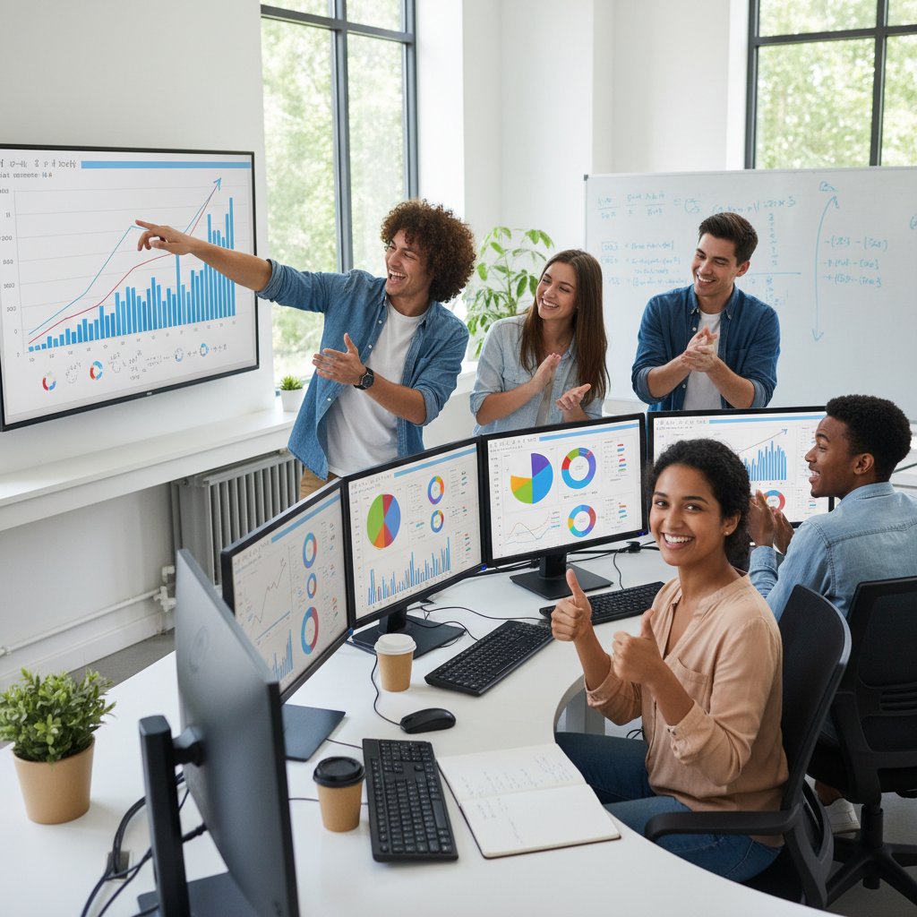 Wykres satysfakcji z nauki kontrapunktu online, zadowoleni uczniowie przy komputerach, wykres na ekranie