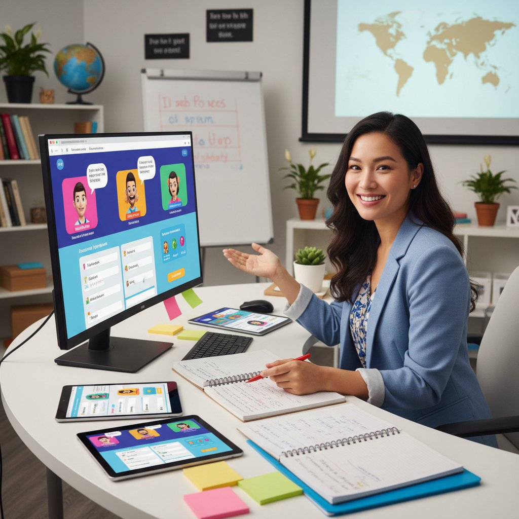 Zadowolona nauczycielka korzystająca z platformy AI do nauki angielskiego, komputer i notatki na stole