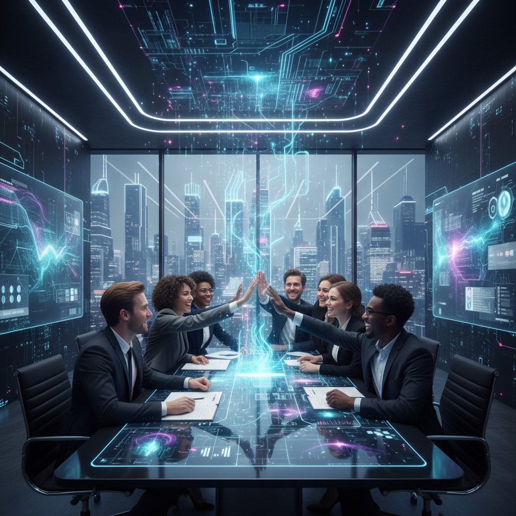 Zespół zadowolonych pracowników i AI w tle, nowoczesne biuro, efektywność