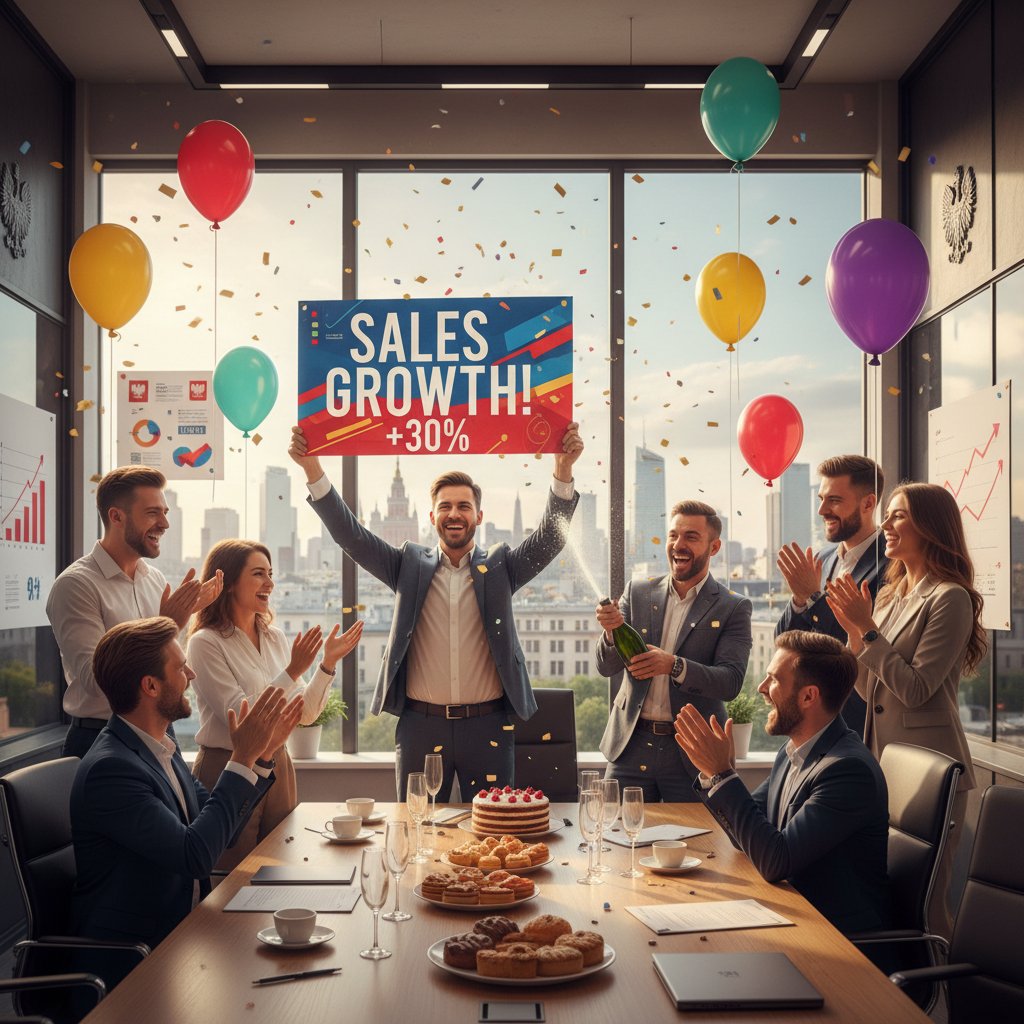 Zadowolony zespół w biurze świętujący wzrost sprzedaży dzięki wdrożeniu programu analitycznego