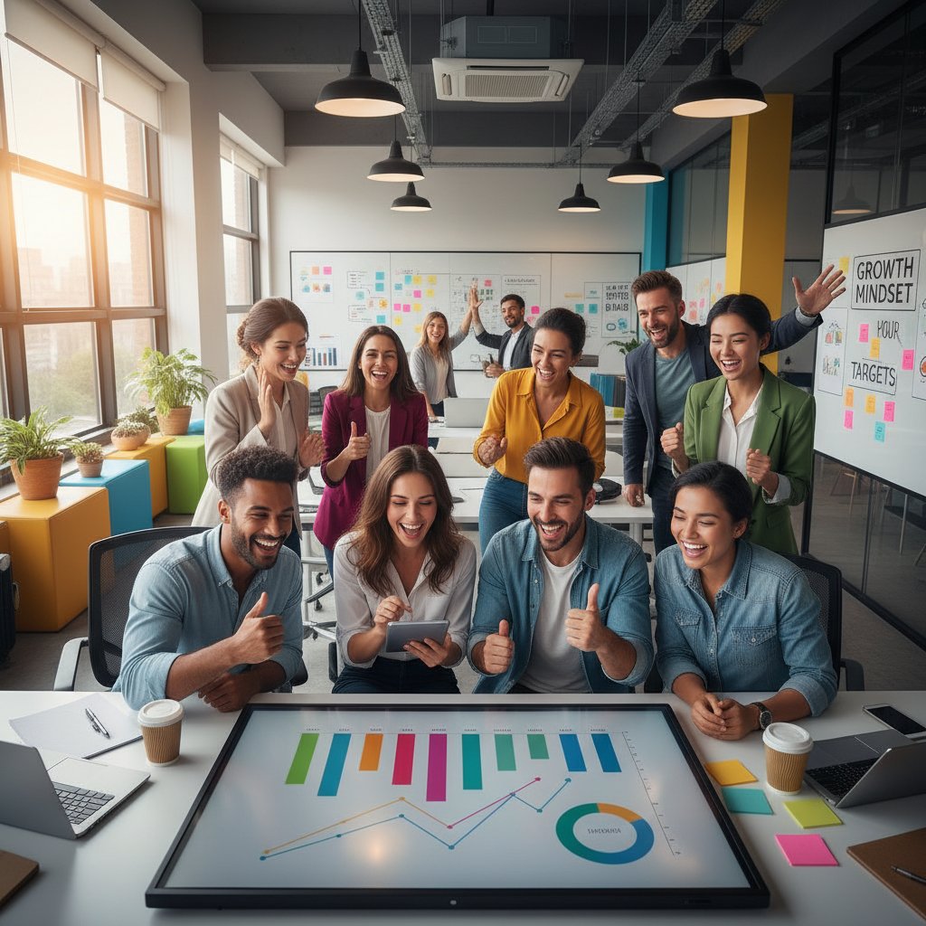 Zadowolony zespół analizujący wzrost sprzedaży dzięki nowym tekstom