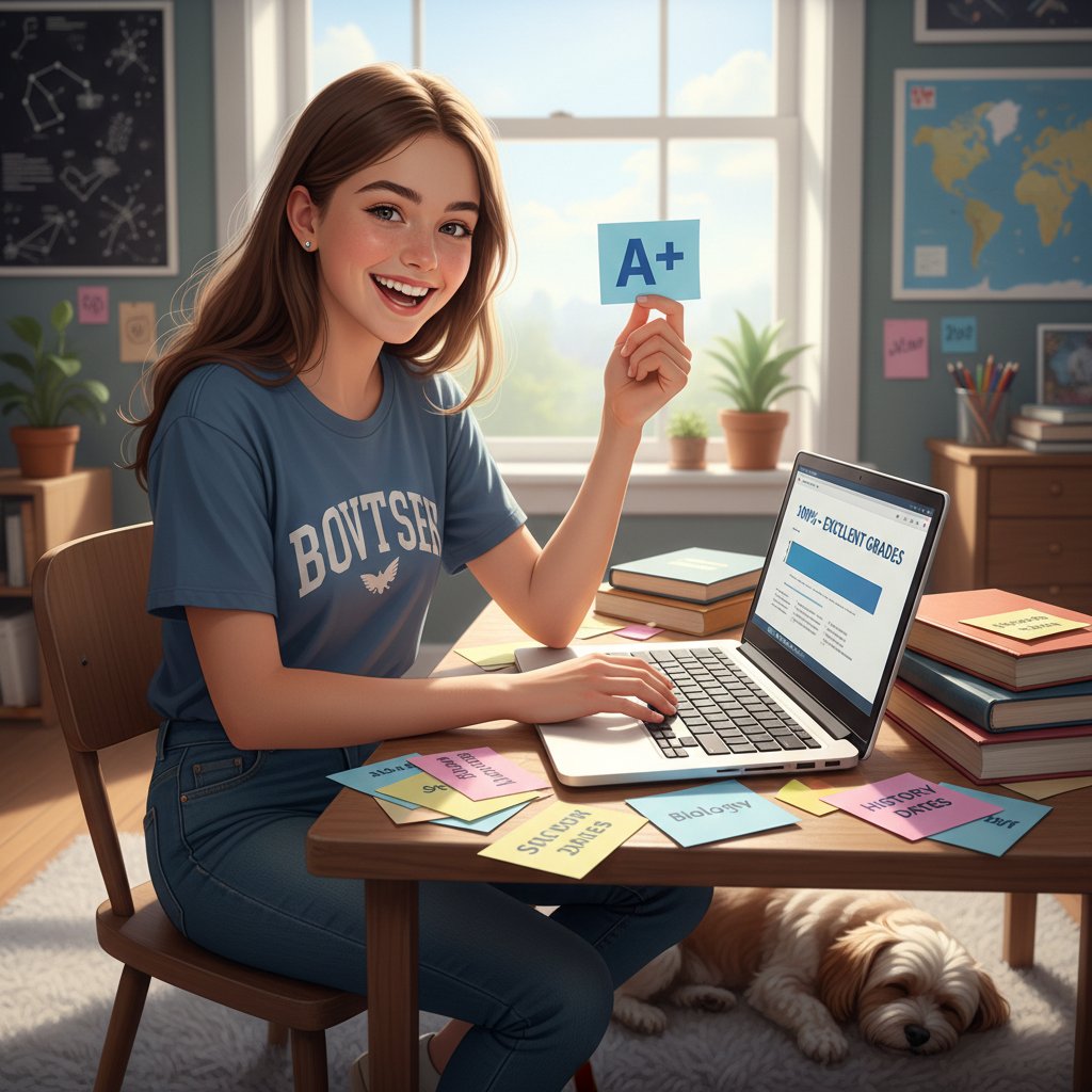 Zadowolona nastolatka z kartką z oceną A+, kolorowe fiszki i otwarty laptop