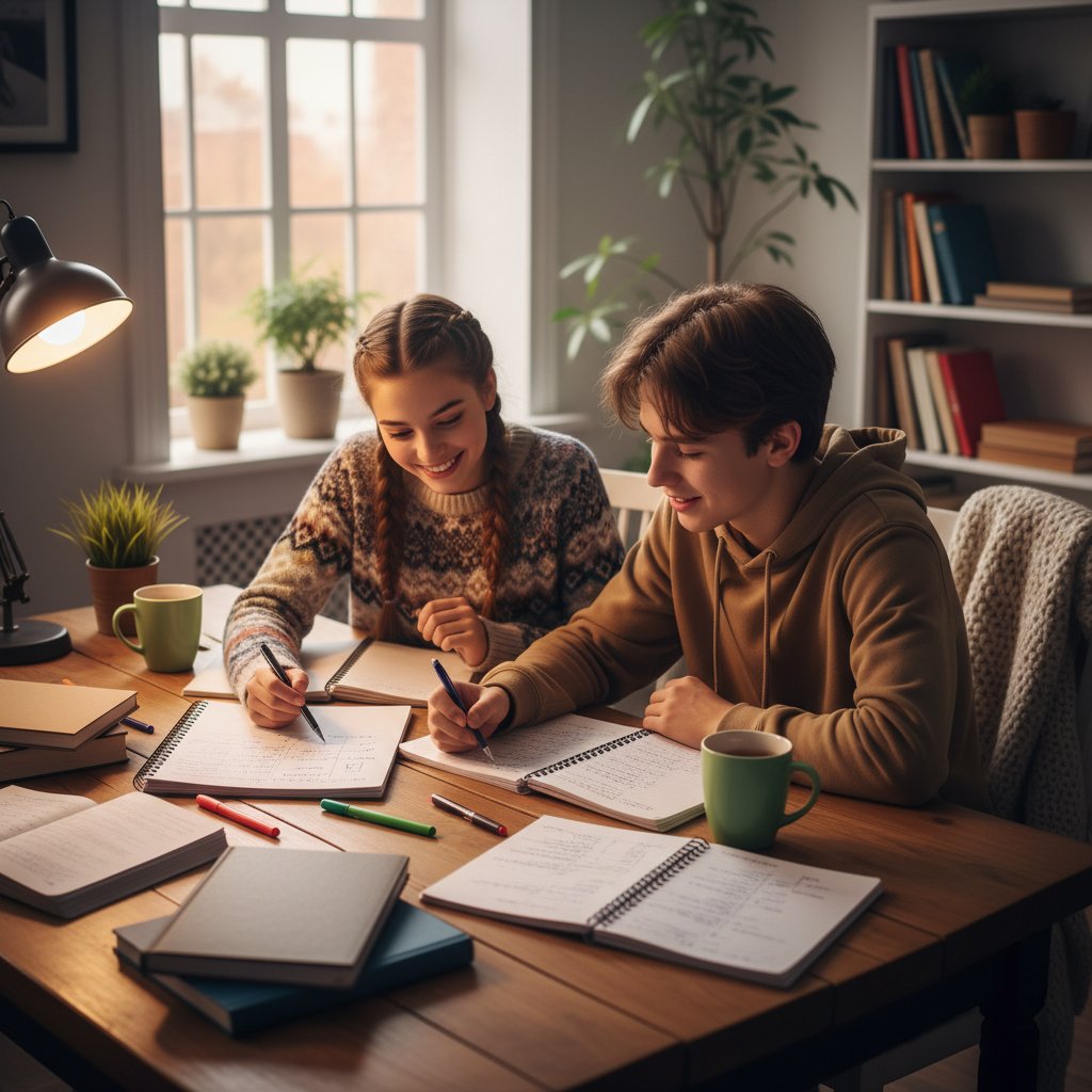 Nastolatka zadowolona po lekcji korepetycji, w tle komputer, zeszyty i spokojna atmosfera