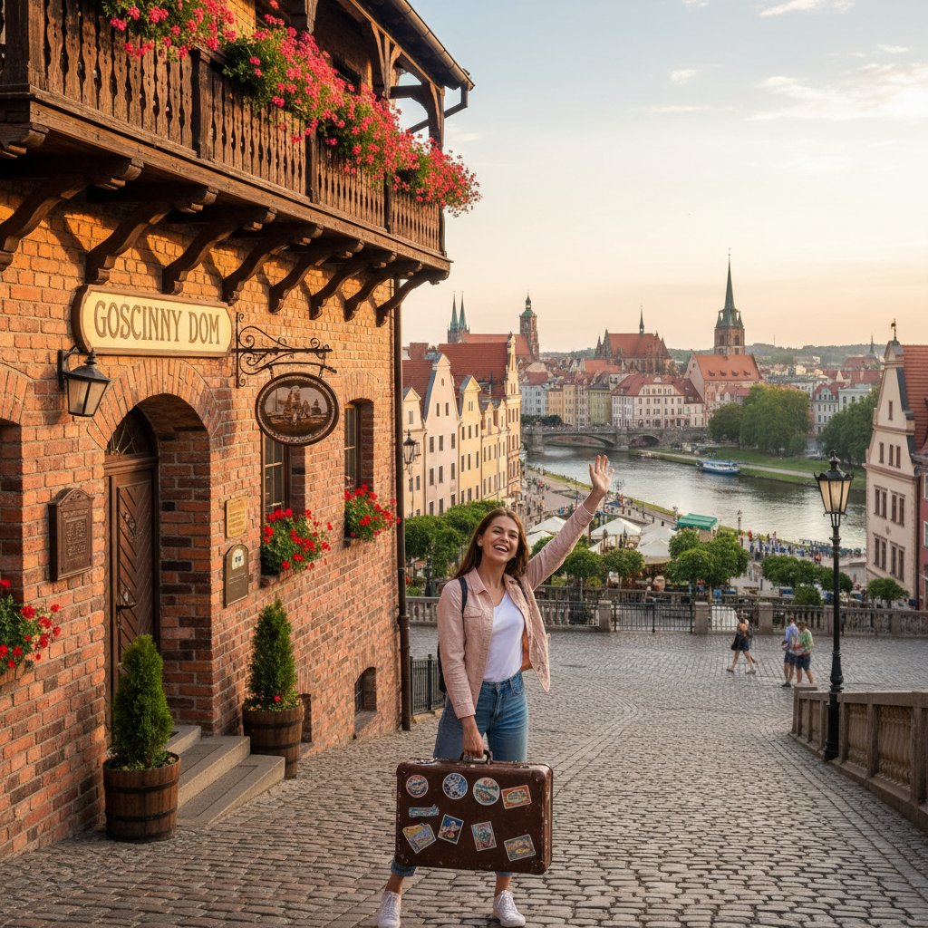 Szczęśliwy podróżnik po udanym pobycie w pensjonacie, z walizką na tle wrocławskiego pejzażu
