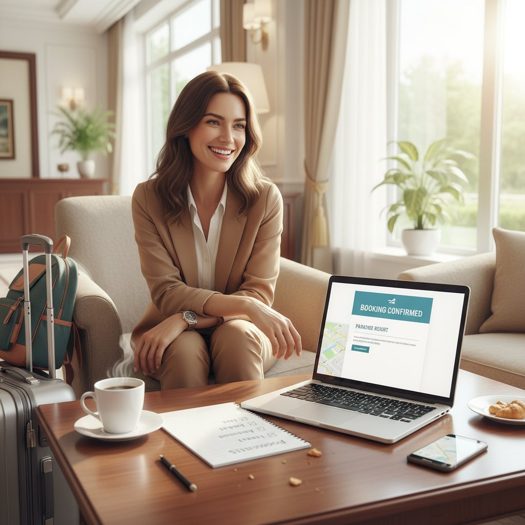 Szczęśliwy podróżnik rezerwujący hotel zgodnie z checklistą, z laptopem i notatkami przy kawie
