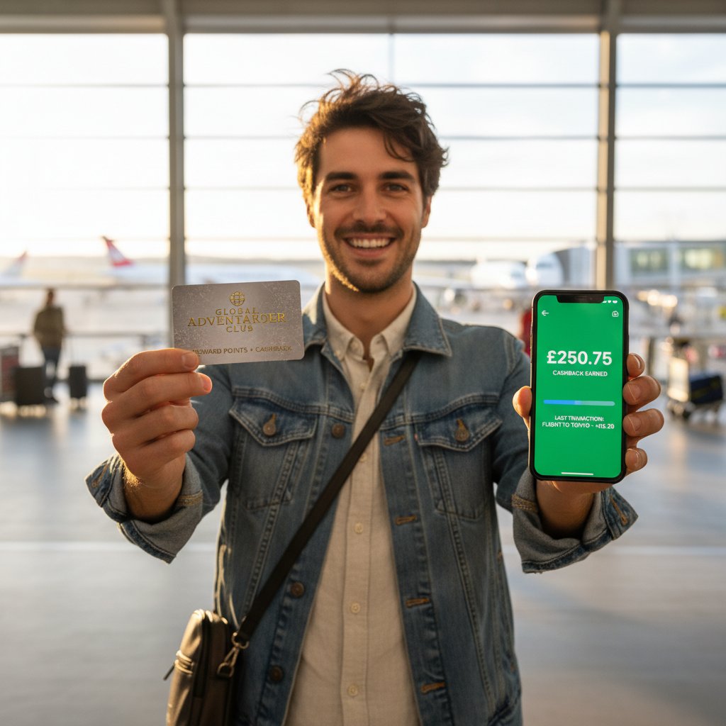 Zadowolony podróżnik odbierający kartę lojalnościową lub korzystający z cashbacku na smartfonie