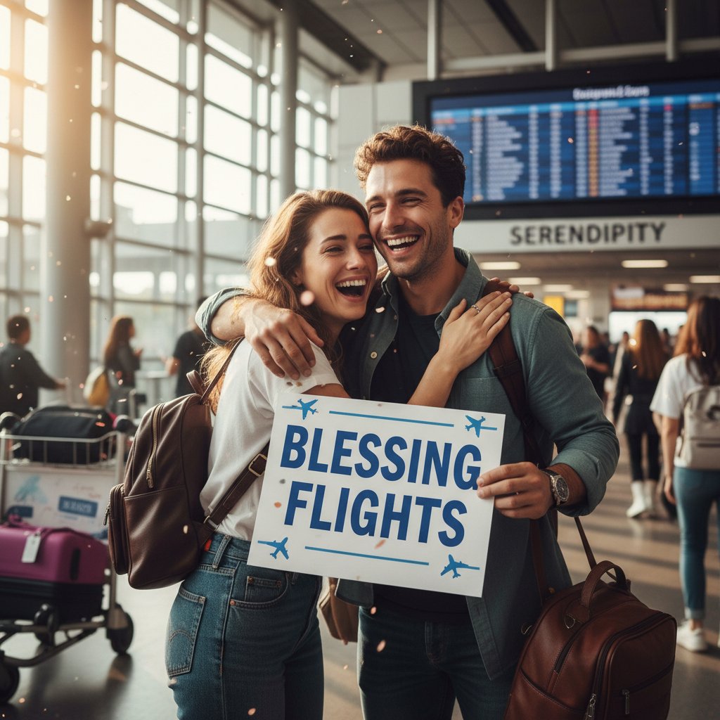 Happy traveler reunited with friend at airport arrival hall, symbolizing serendipity of blessing flights