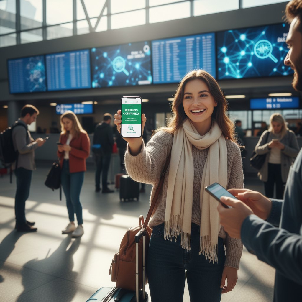 Podróżna triumfuje po udanym zakupie biletu przez intuicyjną wyszukiwarkę AI