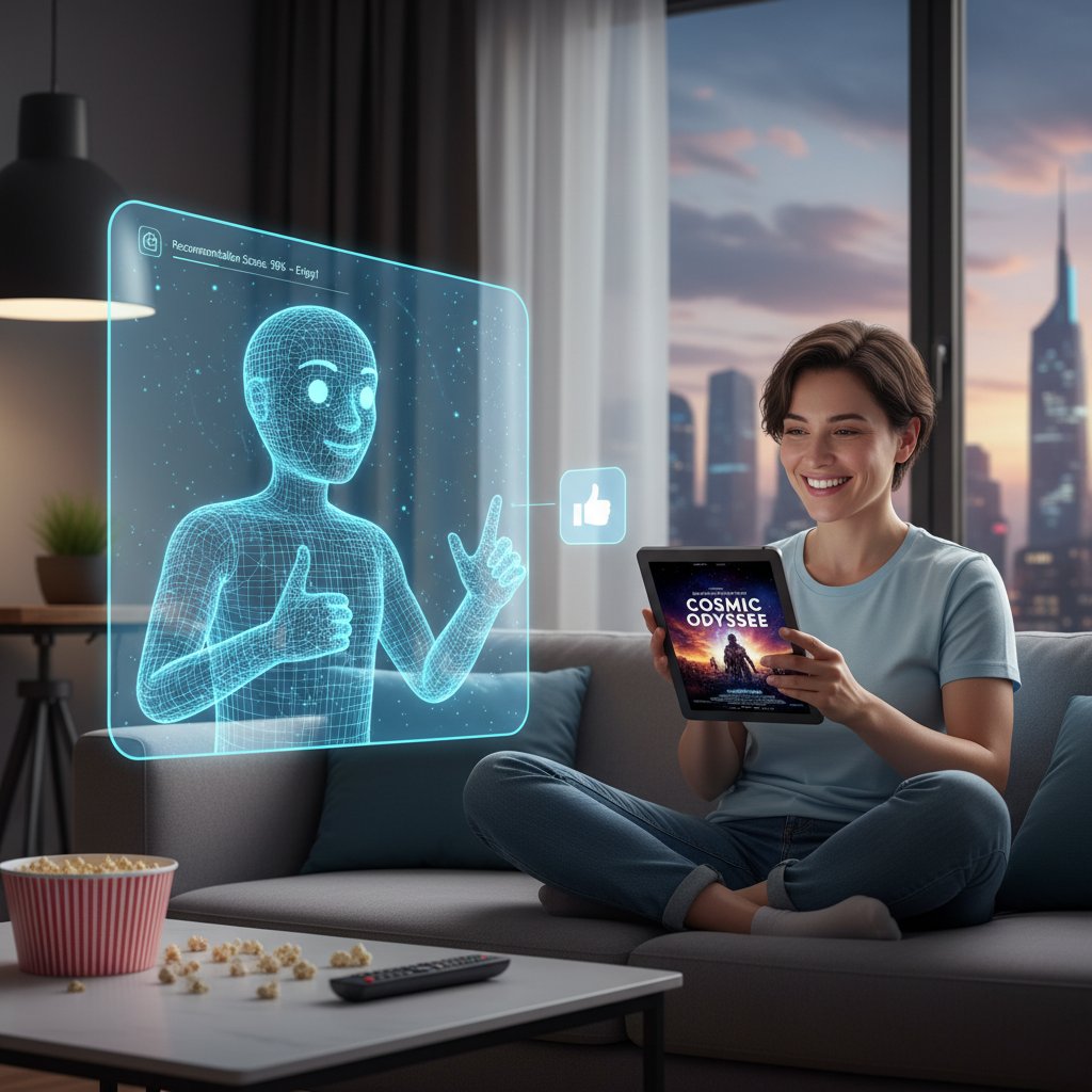 User celebrating a great movie pick from an AI assistant, expressing satisfaction with personalized recommendations