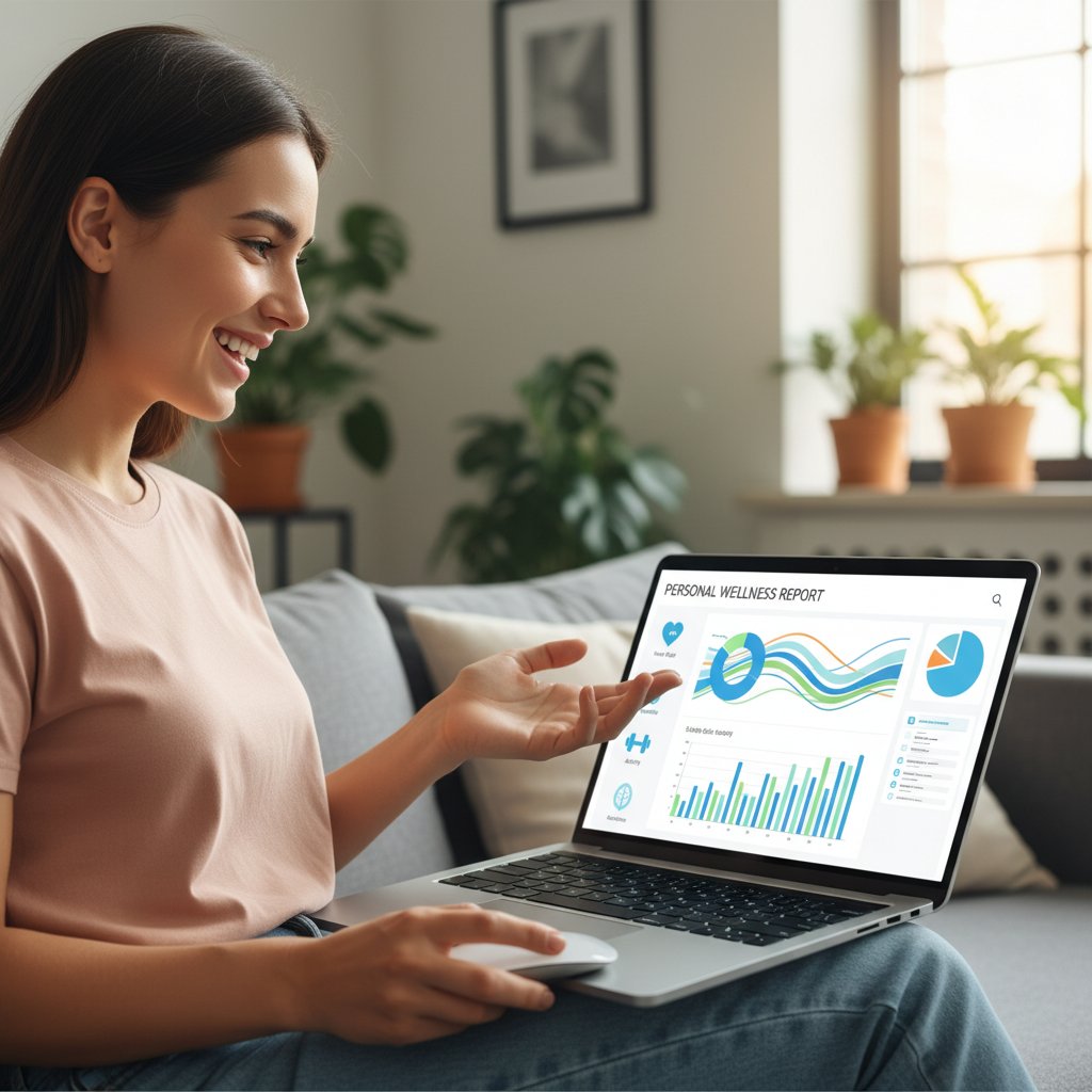 Zadowolony użytkownik przeglądający wyniki analizy zdrowotnej na laptopie, świadome korzystanie z narzędzi cyfrowych