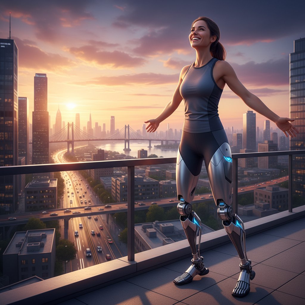 Szczęśliwa kobieta z bioniczną protezą idąca przez miasto – symbol nowej ery dostępności i możliwości