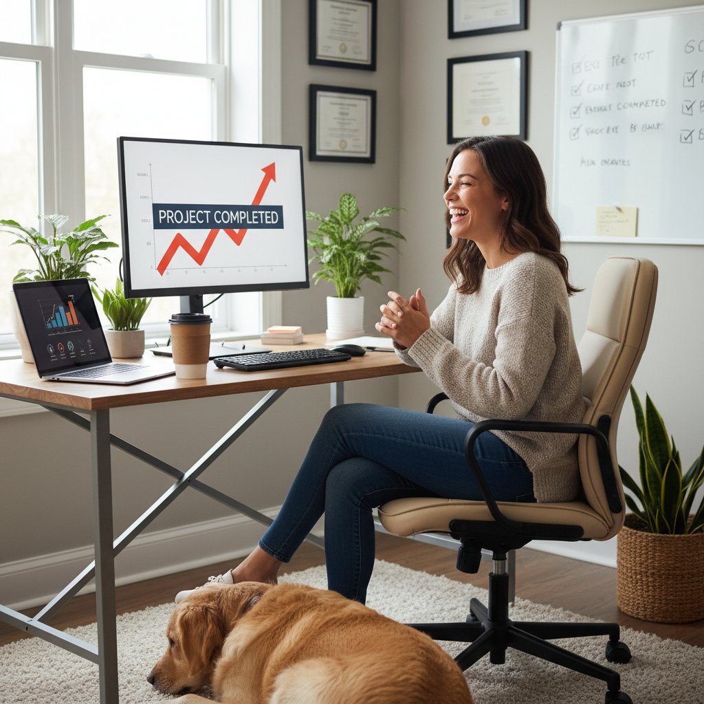 Młoda kobieta przy komputerze, uśmiechnięta po udanej terapii online, domowe otoczenie