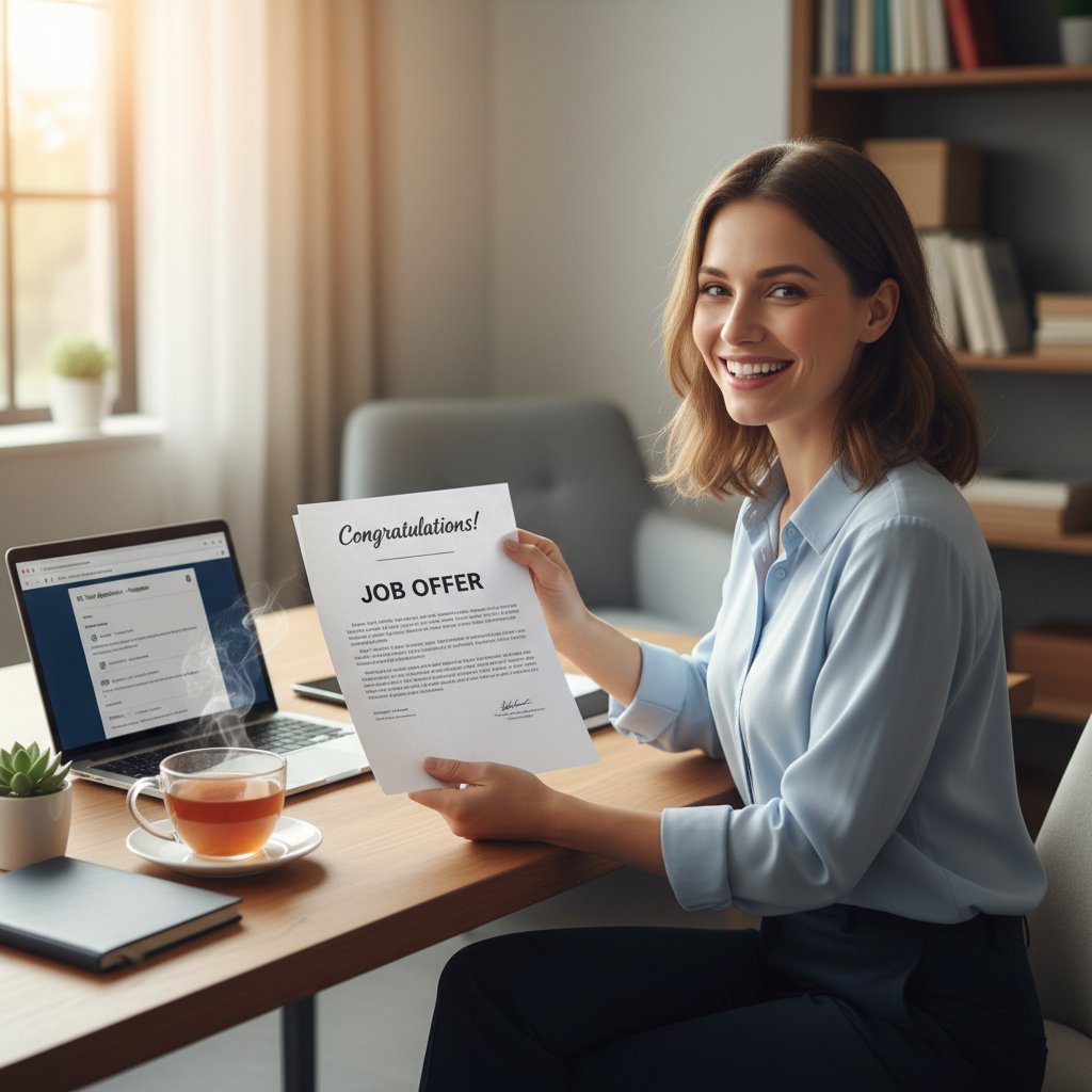 Kobieta zadowolona z otrzymania pozytywnej odpowiedzi na list motywacyjny, biuro, laptop