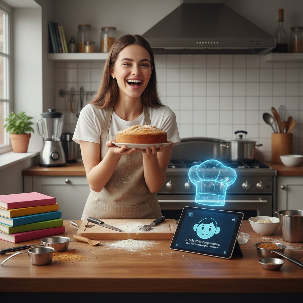 Kobieta zadowolona z efektów pierwszego gotowania z AI kucharzem