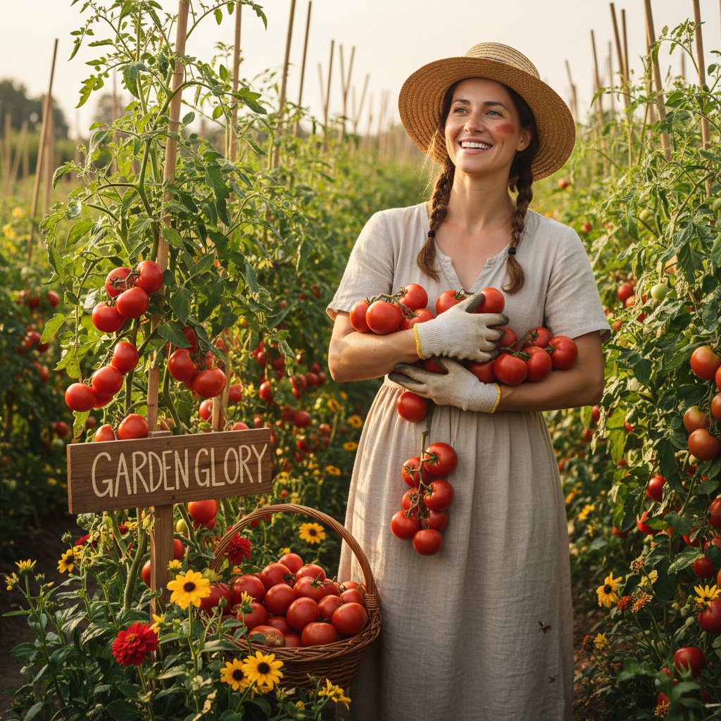 Młoda kobieta w ogrodzie, radośnie prezentuje zdrowe pomidory po skutecznej walce z chorobą