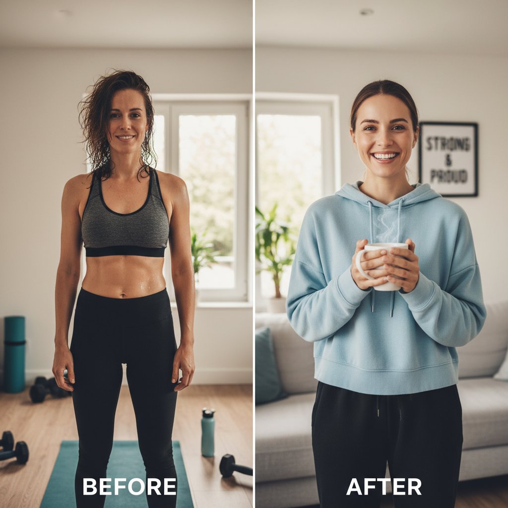 Uśmiechnięta kobieta po treningu online w domu, pokazująca efekty przed i po