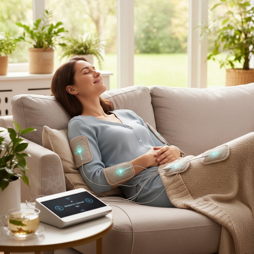 Uśmiechnięta kobieta relaksująca się po zabiegu magnetoterapii w domu