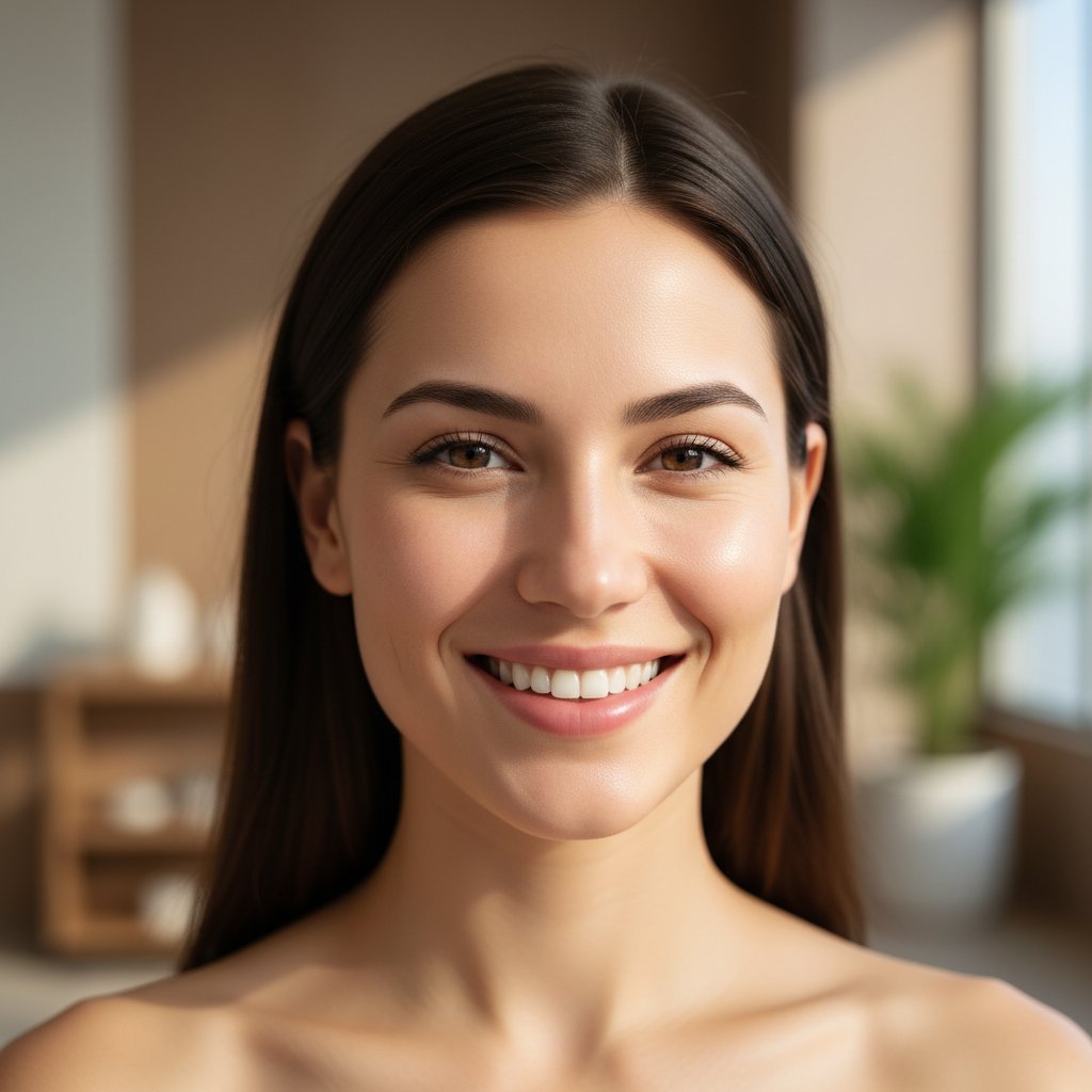 Zadowolona młoda kobieta po serii zabiegów IPL, gładka skóra, atmosfera ulgi i satysfakcji