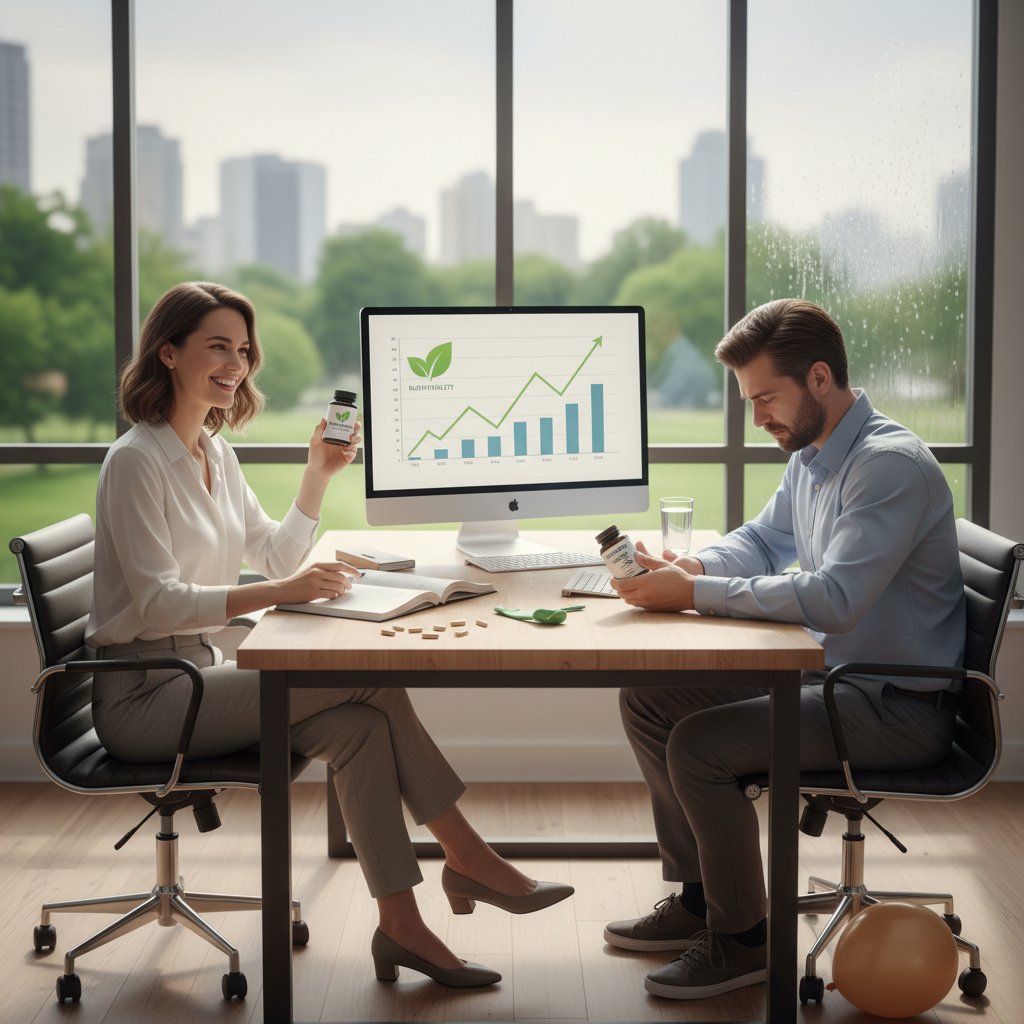 Kobieta szczęśliwa przy biurku i mężczyzna zrezygnowany – mieszane efekty stosowania fosfatydyloseryny