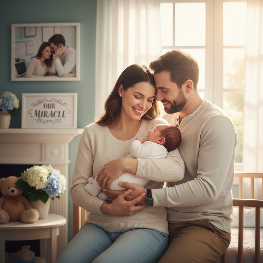 Zdjęcie szczęśliwych młodych rodziców z niemowlęciem, temat: płodność po leczeniu dysplazji