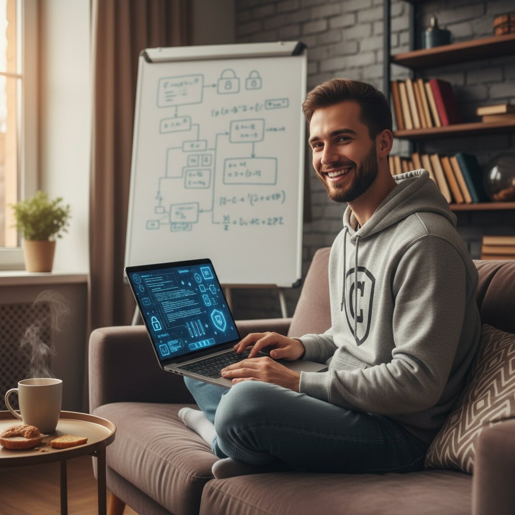 Młoda osoba korzystająca z laptopa, uśmiechnięta, symbolizująca pozytywne doświadczenie z polską ofertą korepetycji kryptografii online