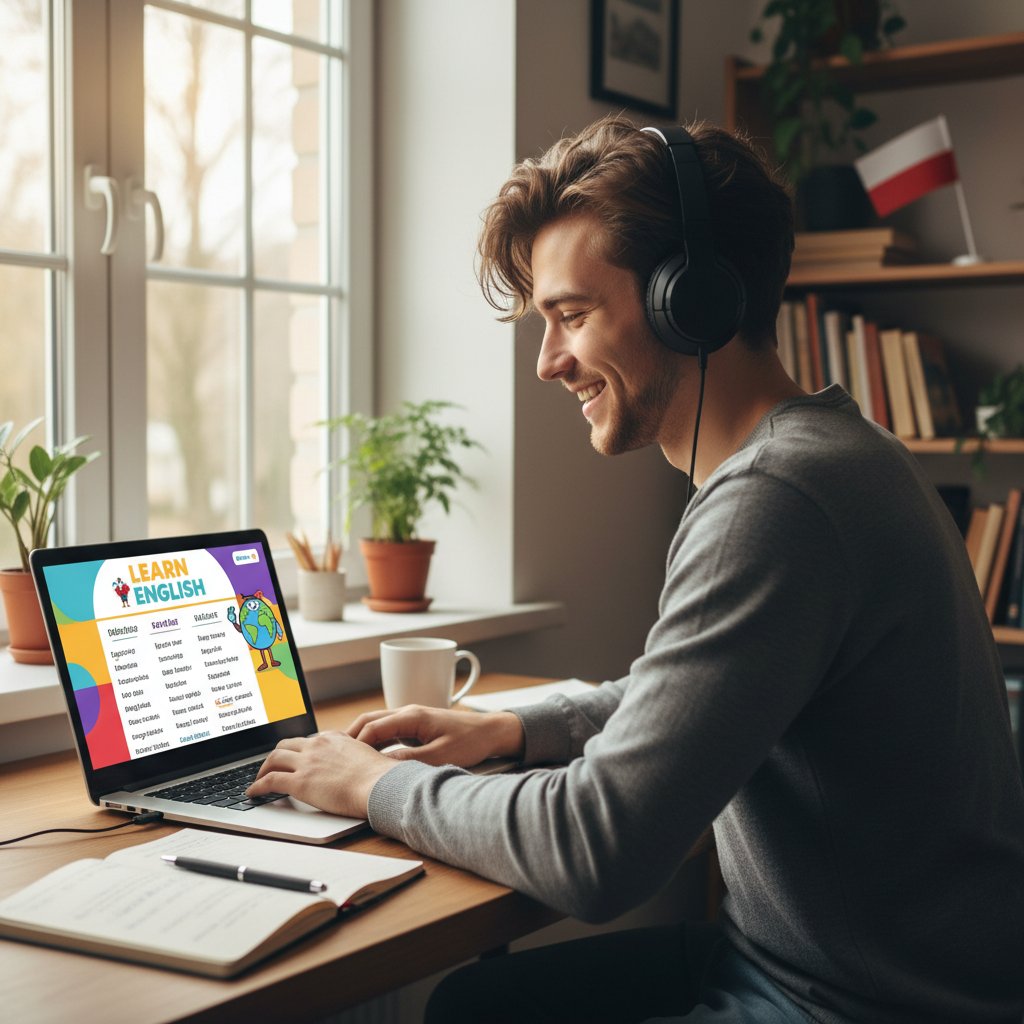 Młody Polak zadowolony z efektów nauki angielskiego online, słuchawki, laptop, jasne światło dzienne