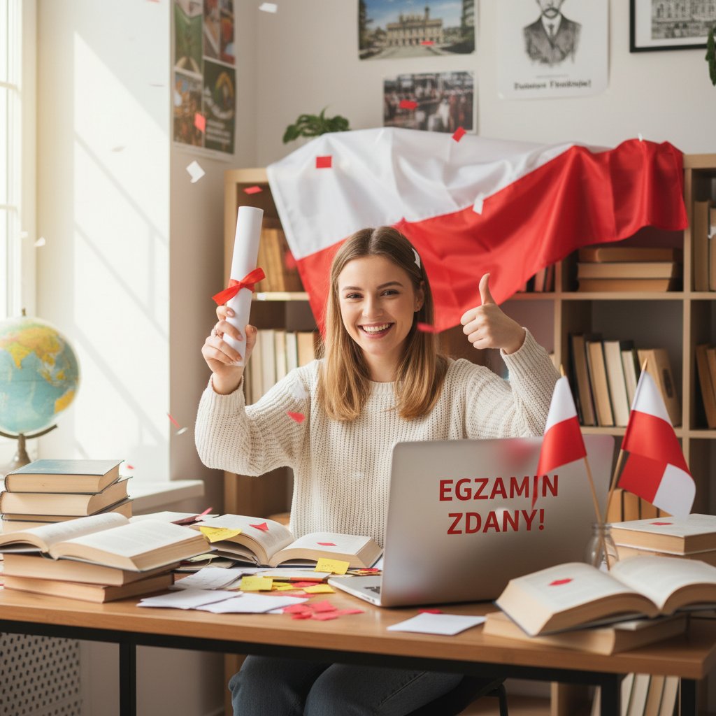 Młoda kobieta szczęśliwa po zdanym egzaminie, laptop, podręczniki, polskie akcenty w tle