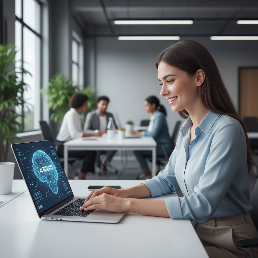 Zadowolona młoda kobieta korzystająca z laptopa w nowoczesnym biurze, AI na ekranie