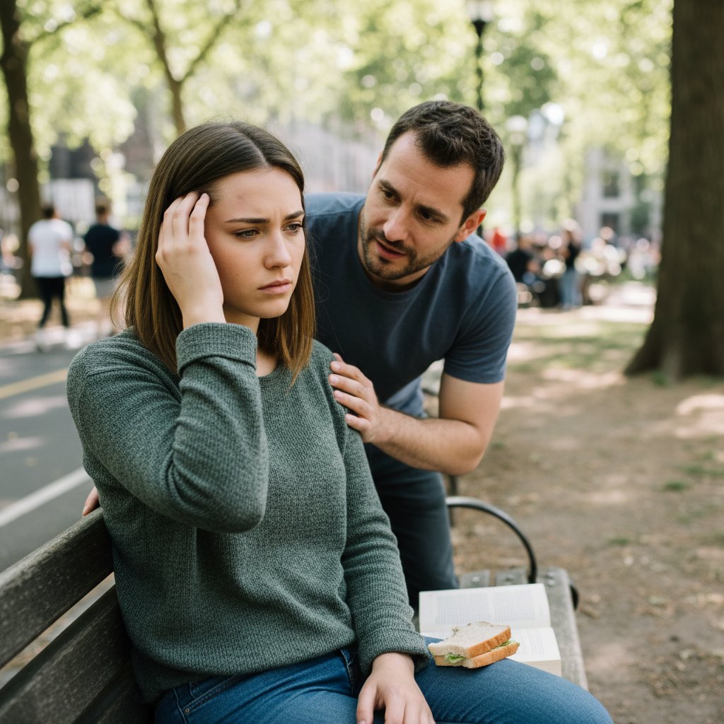 Fotografia osoby z lekkim urazem głowy siedzącej na ławce, zmartwionej, z widocznymi subtelnymi objawami