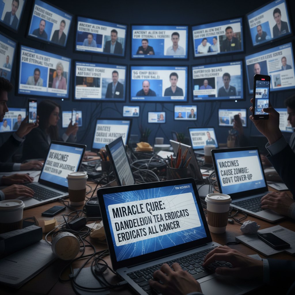 Nagłówki fake newsów zdrowotnych na ekranach, chaotyczna kompozycja