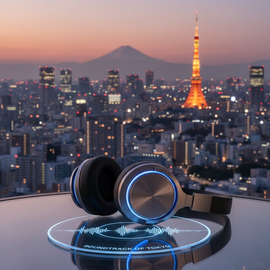 Headphones with Tokyo skyline in background, referencing movie lost in translation cinema soundtrack