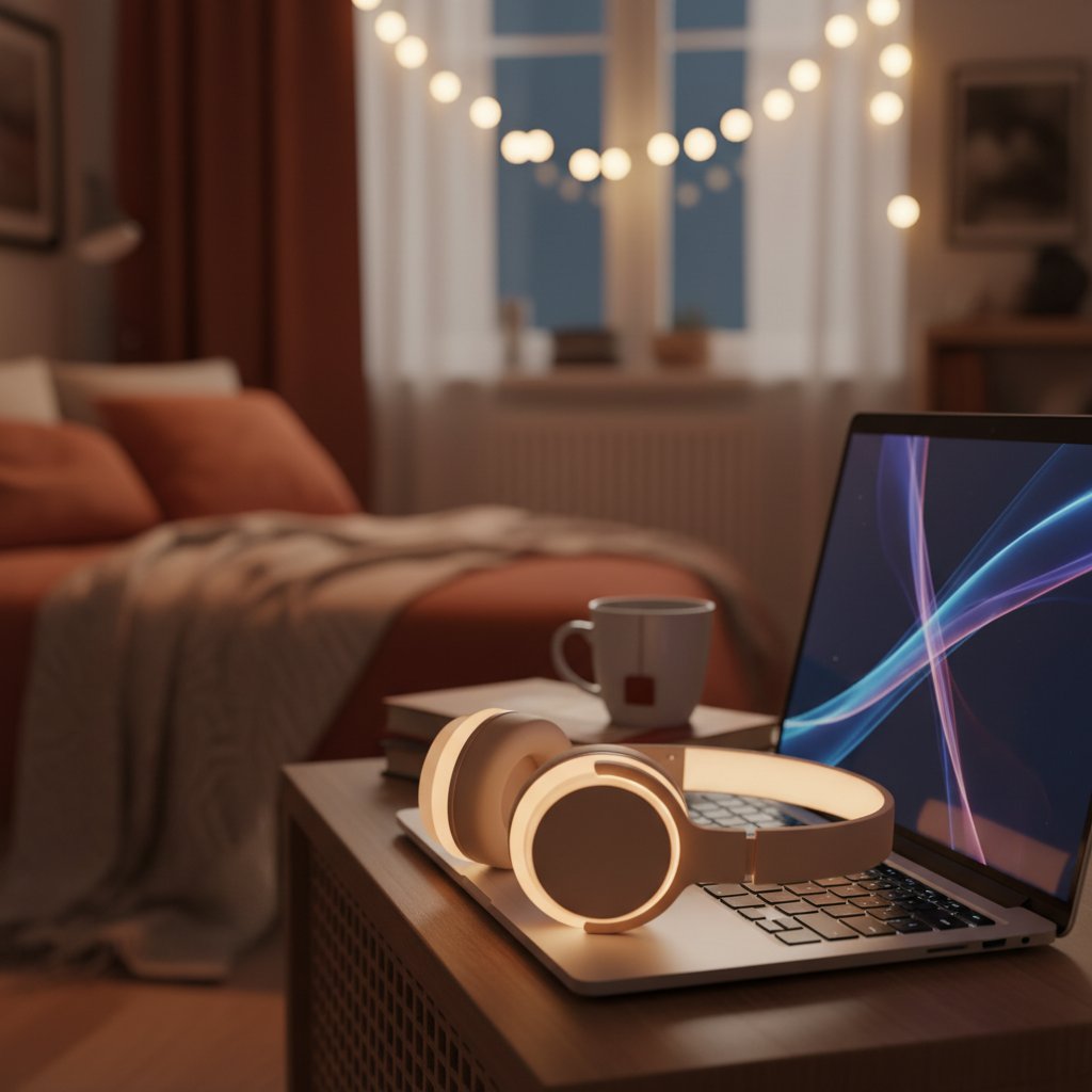 Słuchawki spoczywające na rozświetlonym laptopie, przytulny klimat – symbol nowoczesnych formatów relaksu online