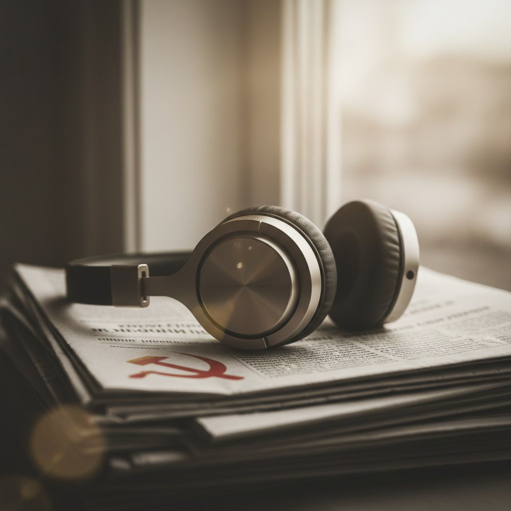 Nowe podejście do słuchania rosyjskiego online – słuchawki na rosyjskiej gazecie, nieostre tło
