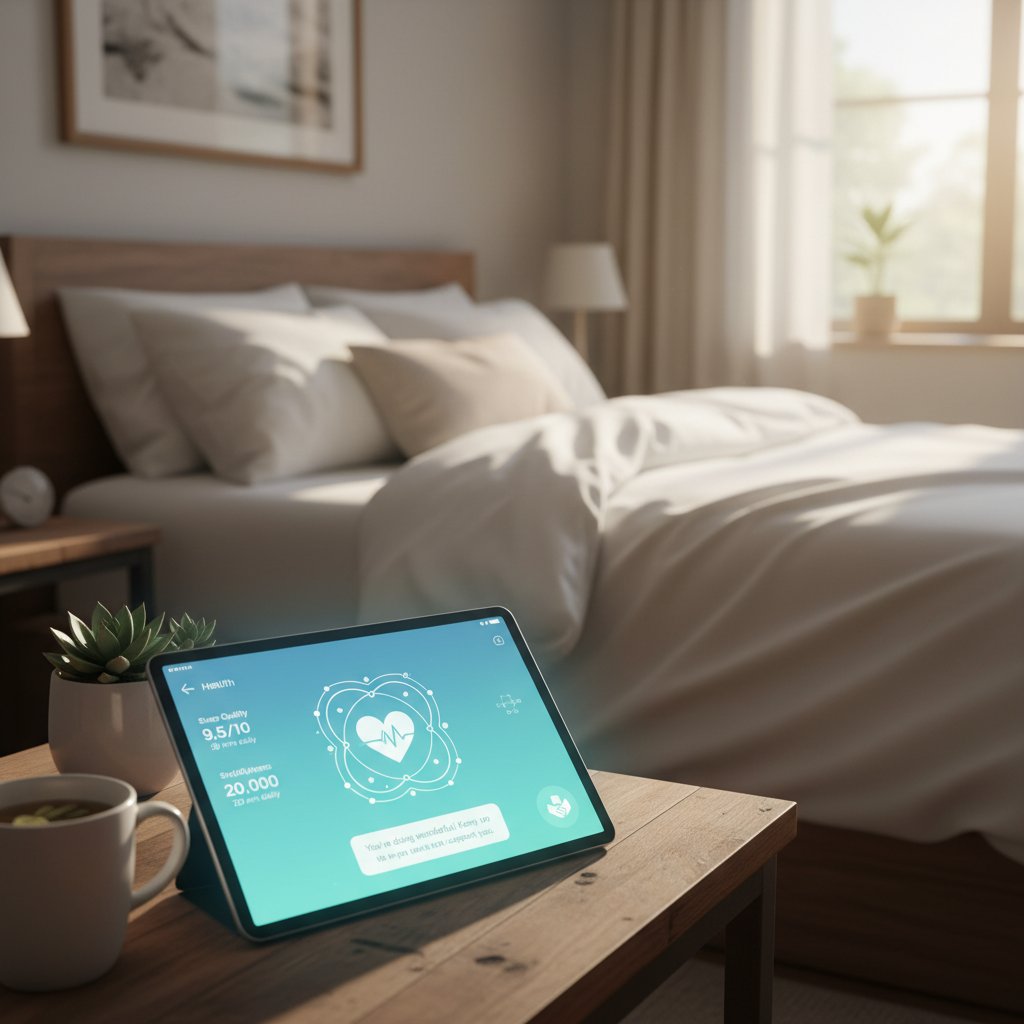 Osoba korzystająca z aplikacji zdrowotnej w sypialni, atmosfera spokoju, technologia wspierająca zdrowie