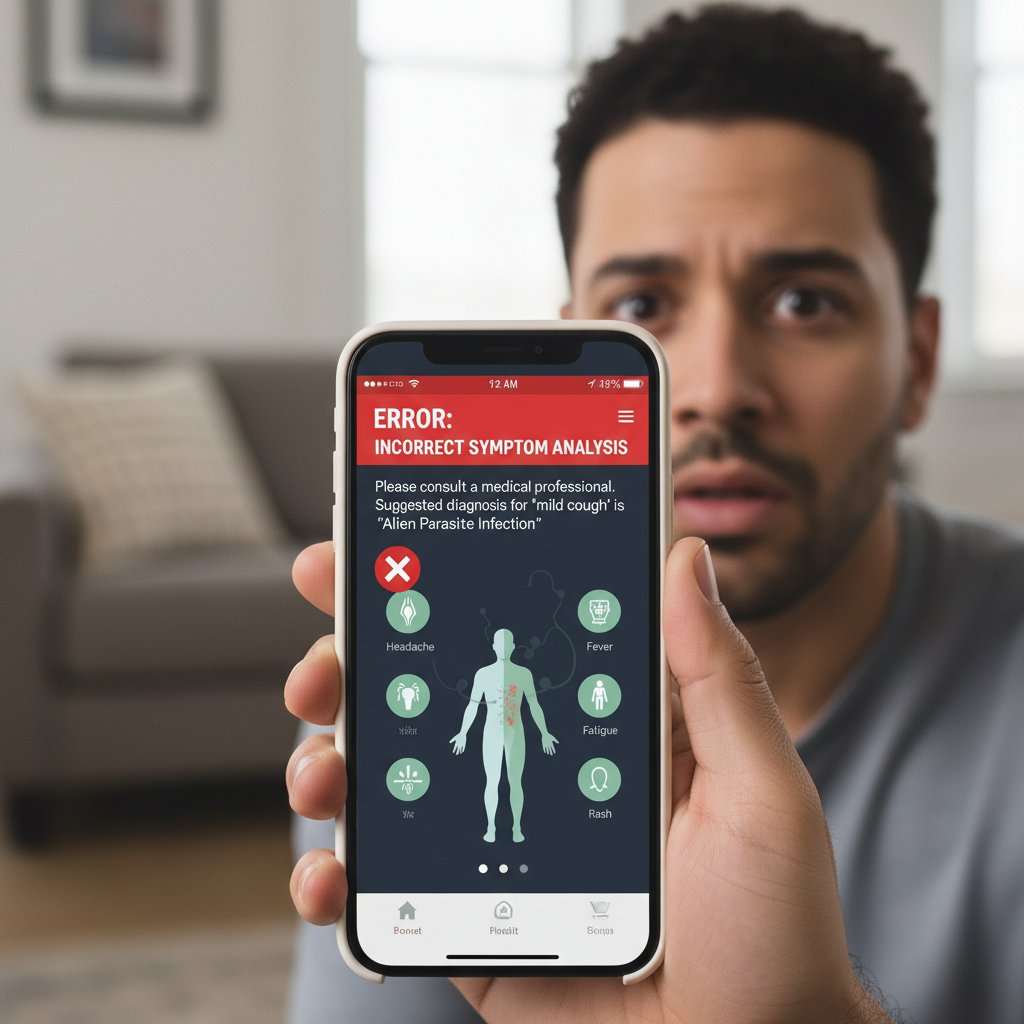 Zbliżenie na ekran smartfona z aplikacją zdrowotną pokazującą błędny wynik analizy symptomów