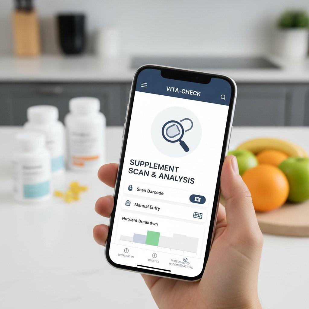 Osoba korzystająca z aplikacji zdrowotnej na smartfonie, analizująca suplementację diety