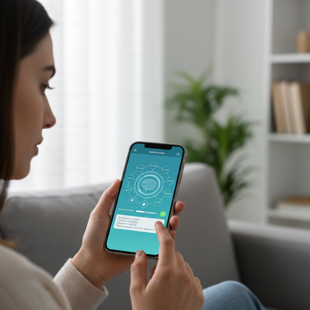 Osoba korzystająca z aplikacji zdrowotnej na smartfonie, ekran z analizą objawów