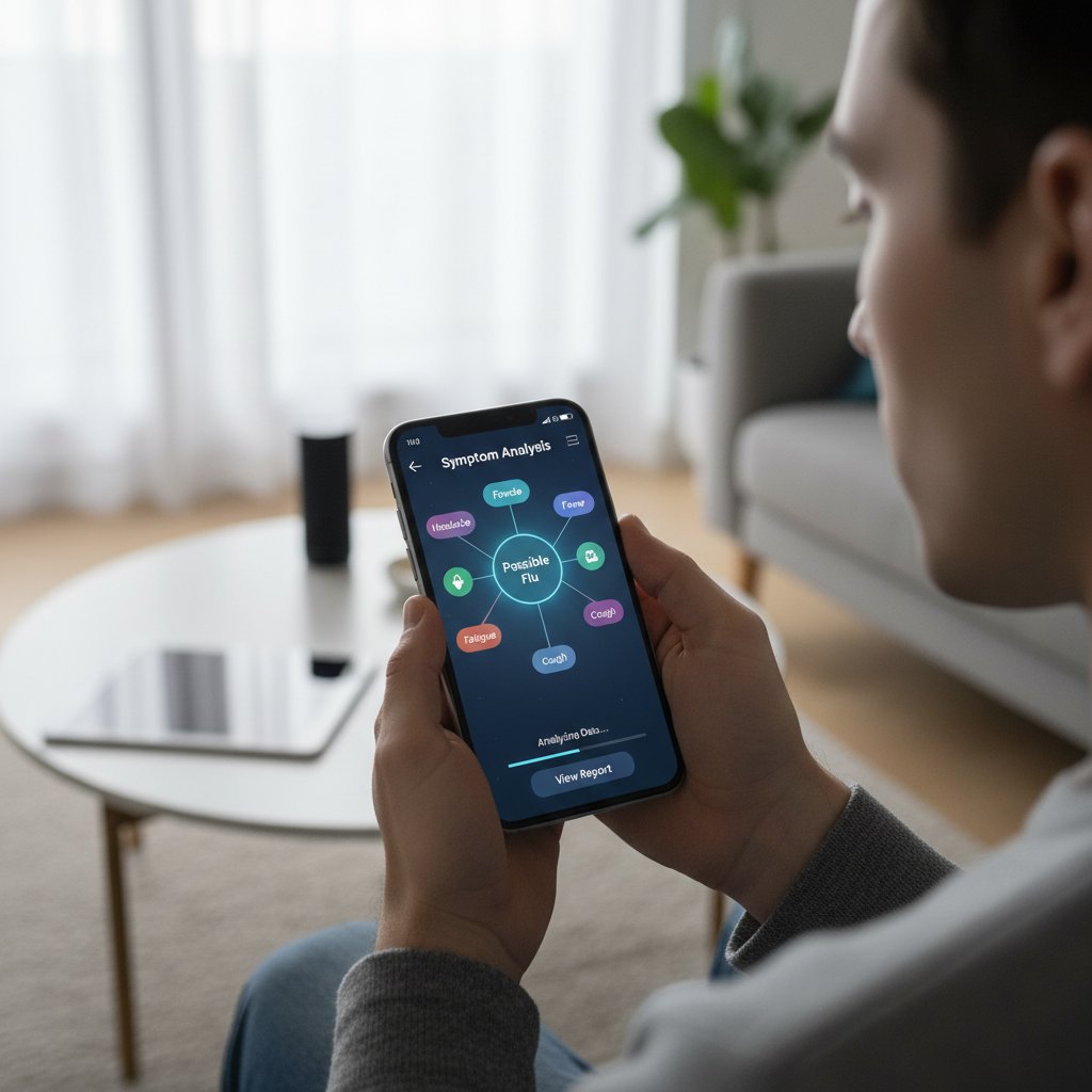 Zdjęcie osoby korzystającej z aplikacji zdrowotnej, wyświetlającej analizę symptomów na ekranie smartfona