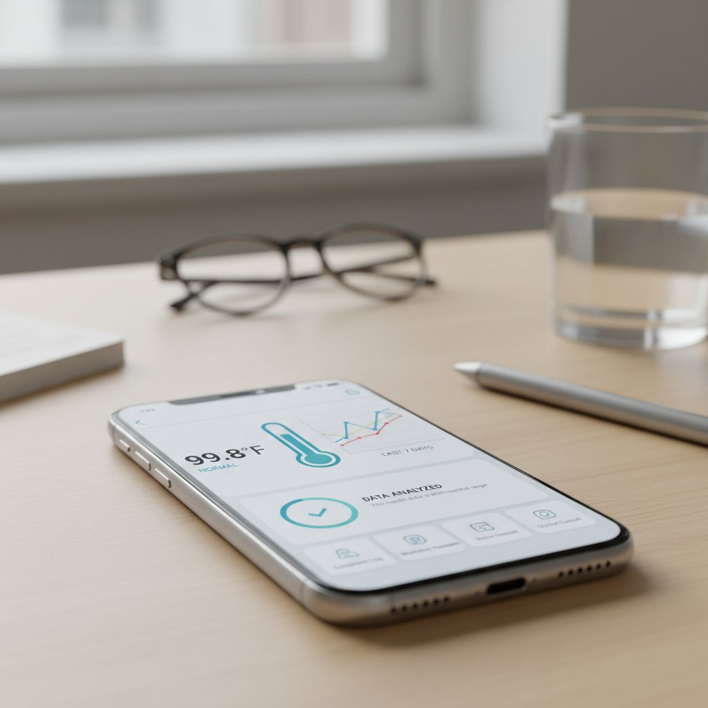 Osoba korzystająca z aplikacji zdrowotnej na smartfonie, smart termometr, analiza danych
