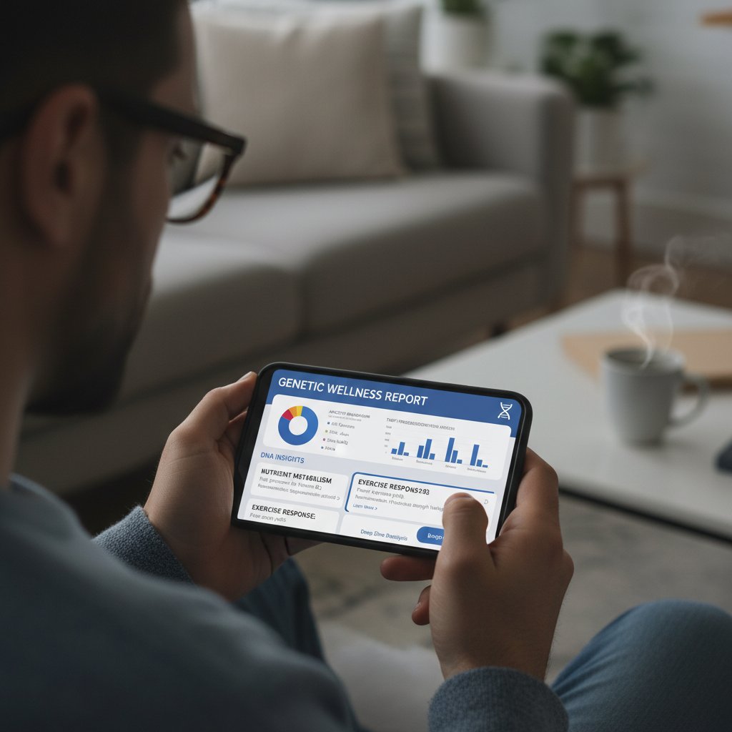 Nowoczesna aplikacja zdrowotna na telefonie, użytkownik analizujący dane genetyczne