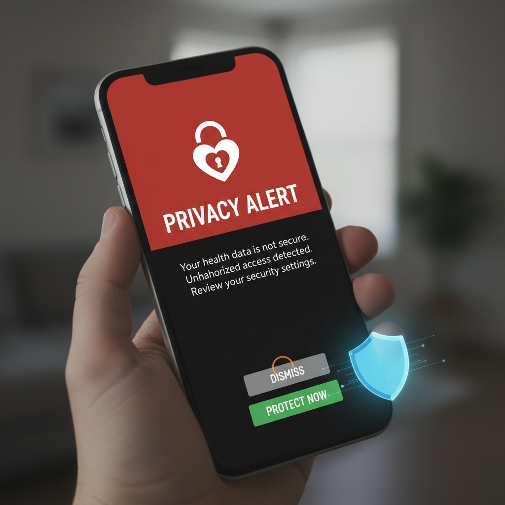 Zdjęcie przedstawiające ekran smartfona z ostrzeżeniem dotyczącym prywatności i danych zdrowotnych